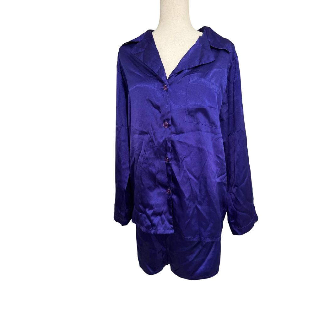 Vintage Y2K Victoria Secret Purple Satin Button Front Pajama Shirt Shorts Size M